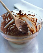 Remains of chocolate sauce in glass bowl
