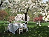 Tisch mit Blumendeko zwischen blühenden Bäumen