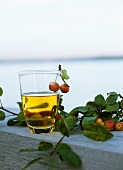 A glass of apple juice with crab apples on branch