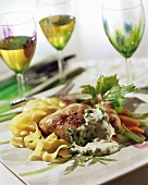 Roast rabbit leg with ribbon pasta