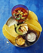Chicken and nachos with various dips