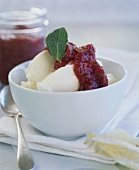 Vanilla ice cream with rhubarb and ginger jam