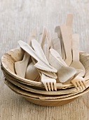Wooden plates and cutlery
