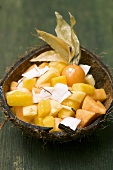 Exotic fruit salad in a coconut