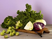 Assorted brassicas on a wooden board
