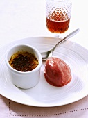 Crème brûlée with berry ice cream