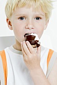 Small boy biting into a chocolate-covered marshmallow wafer
