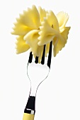 Cooked farfalle speared on a fork