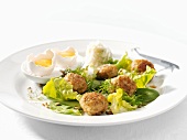 Hechtklösschen auf Blattsalat mit geriebenem Meerrettich