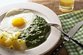 Fried egg with boiled potatoes and spinach
