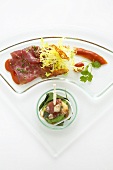 Scallop on vegetable puree and marinated tuna