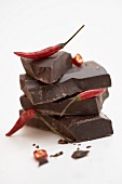 Pieces of chocolate with red chillies