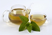 Lemon balm tea in glass cup and teapot