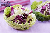 Winter salad in savoy cabbage leaves