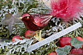 Red glass bird on conifer branch with Christmas greeting