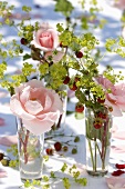 Roses, wild strawberries and lady's mantle in glasses