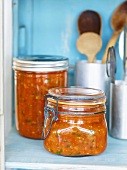 Homemade tomato sauce in preserving jars