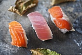 Nigiri sushi with 'toro' (tuna) and 'sake' (salmon), Japan