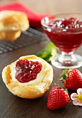 Butter pastries with strawberry jam and butter