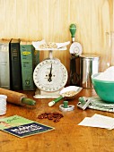 Baking ingredients and old-fashioned kitchen utensils