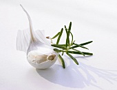 A garlic clove and a sprig of rosemary