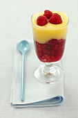 Raspberry dessert with vanilla cream in a glass