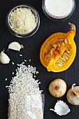 Ingredients for pumpkin risotto, seen from above