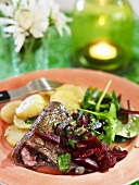 Minute steak with beetroot salad and fried potatoes