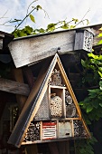 An insect hotel on a garden shed