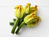 Six courgettes with flowers on white wood