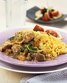 Pork in apricot and onion sauce with rice
