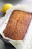 A lemon cake in a loaf tin lined with baking parchment