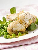 Fried monkfish with mint and peas