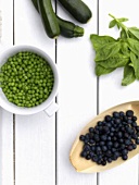 Courgettes, basil, peas and blueberries