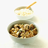 Veal ragout: meatballs, cream sauce, mushrooms with rice