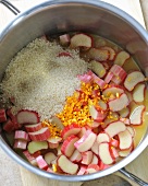 Rhubarb and other ingredients in a pan for rhubarb compote