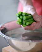 Woman holding green asparagus over a bowl of water