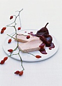 Rose hip parfait with pears in elderberry syrup, rose hips