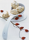 Rose hip macaroons in a ladle with sprig of rose hips