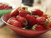 Fresh strawberries in a glass dish