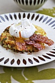 Bubble and squeak with poached egg and bacon (England)