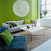 Living room with coffee table, fruit bowl & 2 glasses of red wine