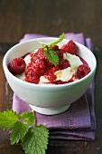 Vanilla semolina pudding with hot raspberries