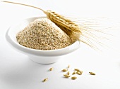 Ground wheat, grains of wheat and an ear of wheat