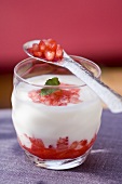 Yoghurt with pomegranate seeds, grenadine & mint in glass
