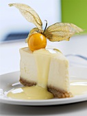 A piece of cheesecake with custard