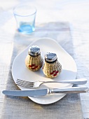 Salt and pepper shakers on a plate with knife and fork