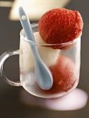 Pomelo and raspberry sorbet in a glass cup with spoon
