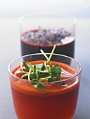 Carrot and beetroot juice, and tomato juice with sprouts