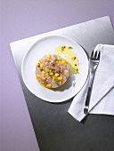 Sea bream ceviche with peach, fennel seeds & pink peppercorns